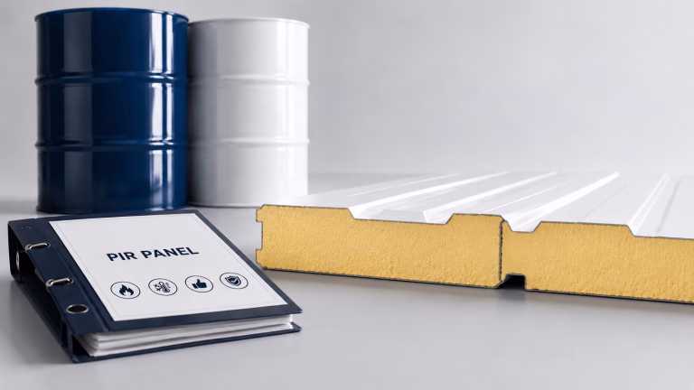 PIR panel technical file, polyurethane raw material drums and a PIR insulation board sample