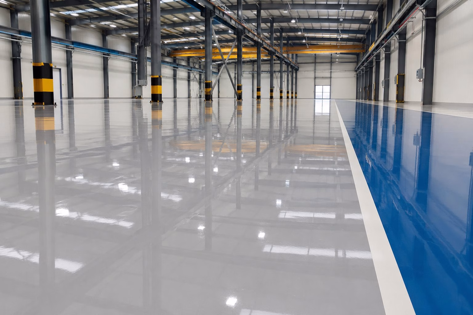 Glossy polyurethane floor coating applied in an industrial facility